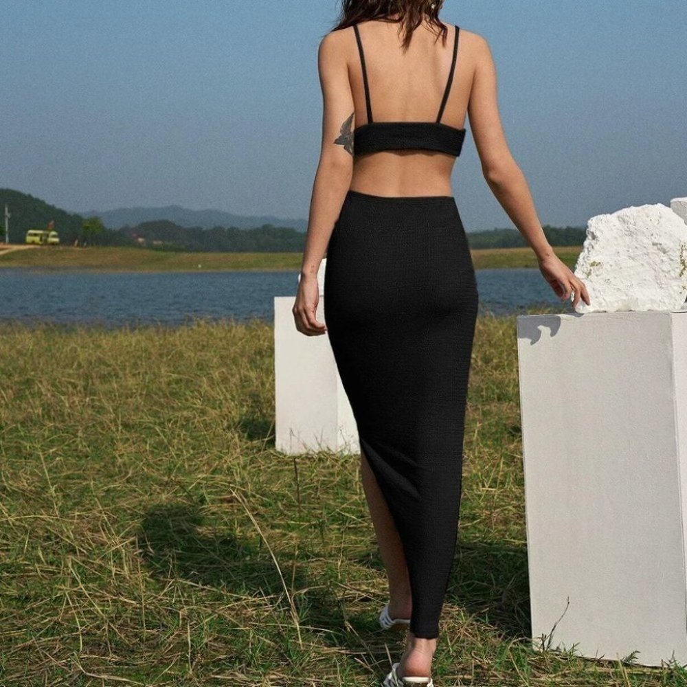 BLACK BODYCON CUT OUT SLPIT HEM MAXI DRESS - Picture 7 of 13